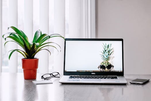 pexels-photo-1006293-1006293 A stylish workspace featuring a laptop, plant, and smartphone on a desk.