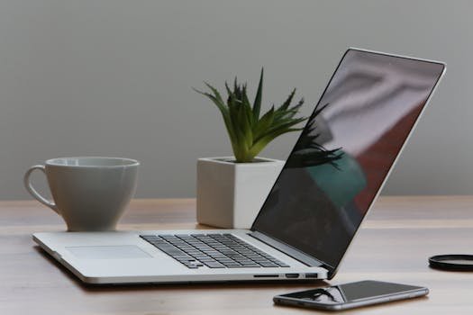 pexels-photo-7974 Minimalist home office desk with laptop, smartphone, and plant for a modern work environment.